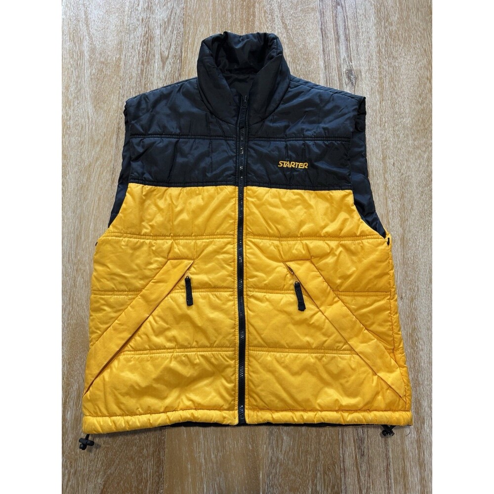 Starter Reversible Puffer Vest Mens M Black Yellow Insulated Padded Gilet Retro